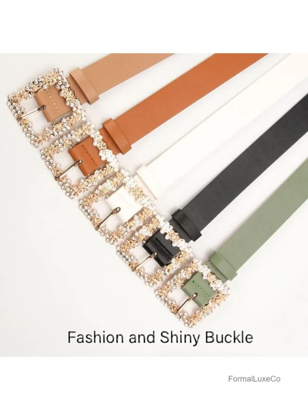 Faux Leather Rhinestone Belt Gold Square Buckle Adjustable Women Accessory